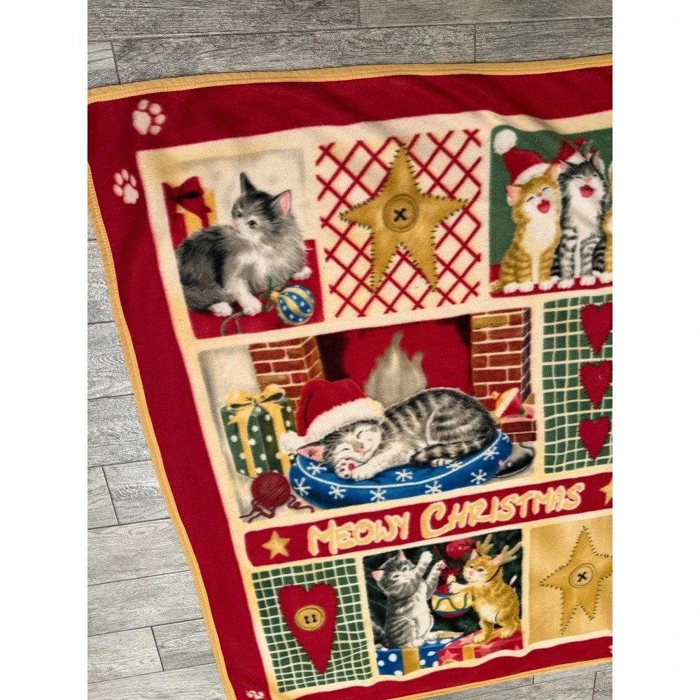 Meowy Christmas Cats Fleece Throw‎ Blanket Holiday Cat Kitten Kitty Cottage Soft